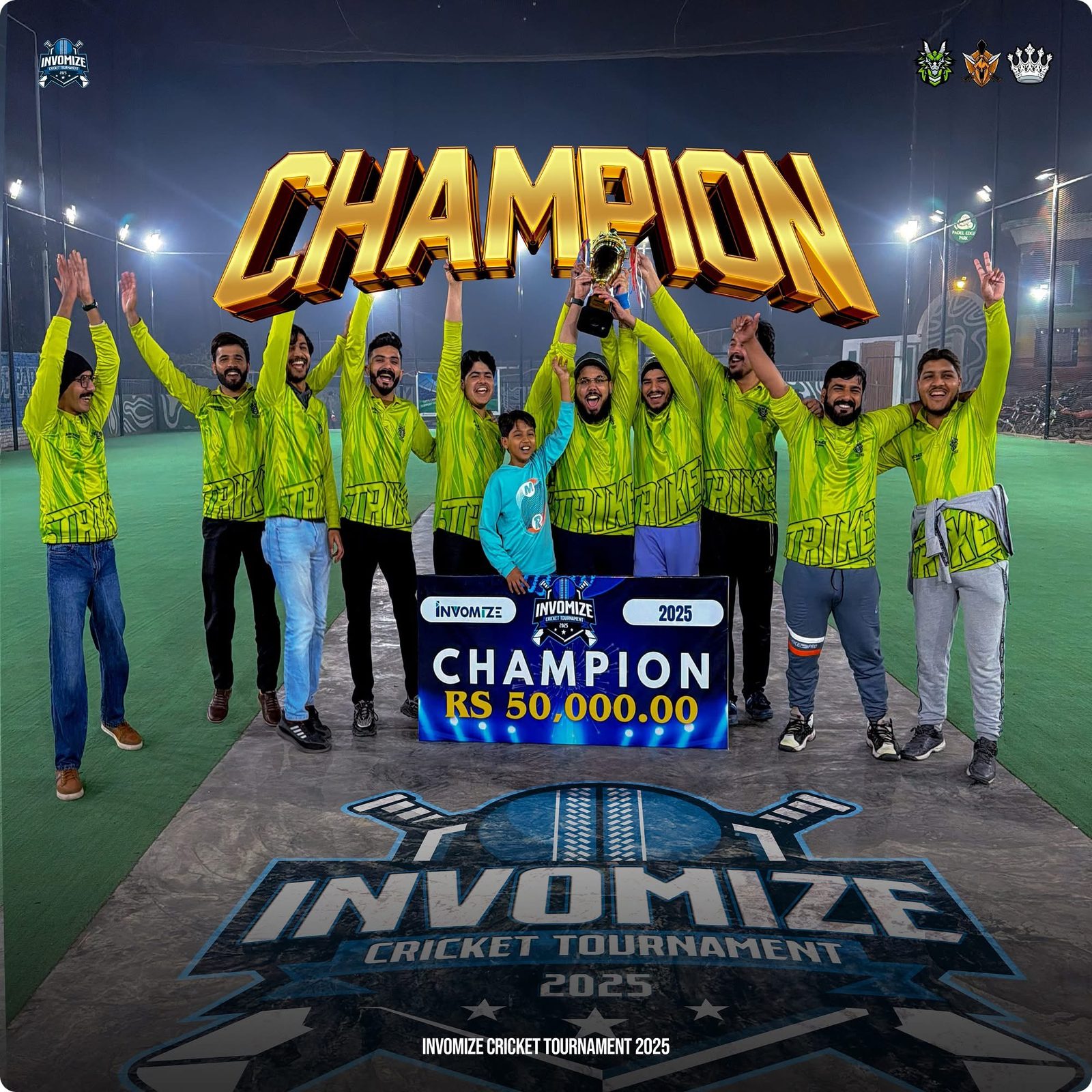 Invomize cricket tournament champions holding trophy